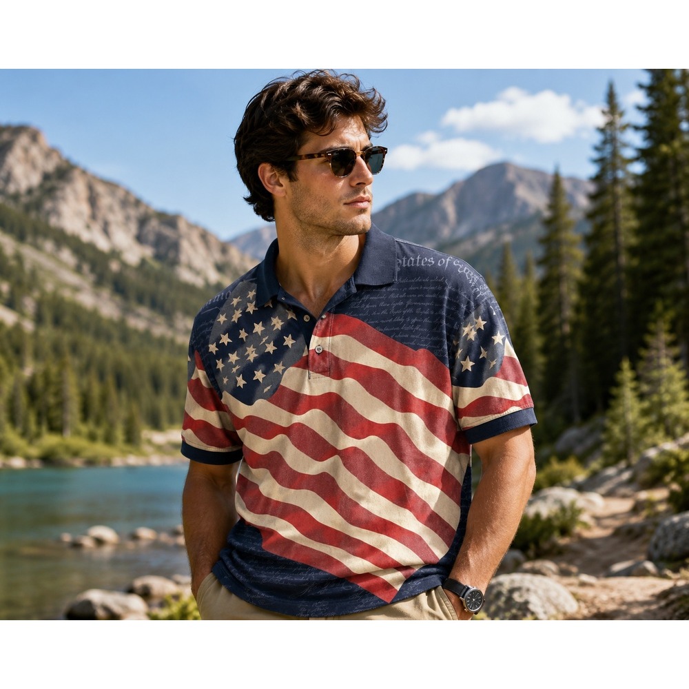 American Summer Mens Size Large USA Flag Polo Shirt Patriotic Cotton Navy Red